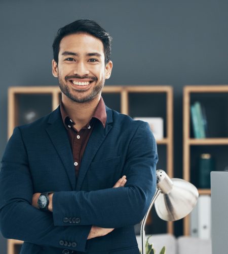 Office portrait, CEO and business man happy for startup law firm, corporate development or company